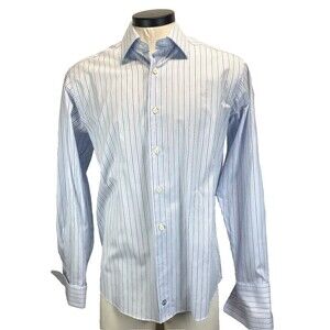 David Donahue Men Dress Shirt 15.5(16)-34/35 Long Sleeve French Cuff Blue Stripe